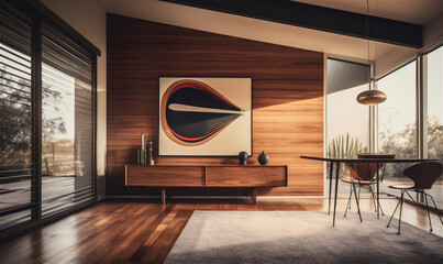 Living room interior with minimalist retro wood tone