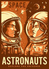 Space astronauts monochrome vintage flyer