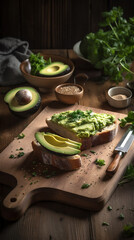 Close-up homemade avocado bread dish, on a wooden table