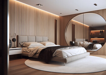 bedroom interior in wooden light brown tones