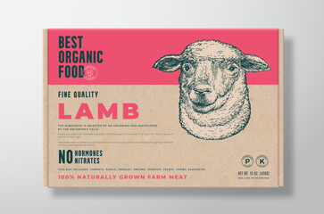 Organic Lamb Meat Vector Food Packaging Label Design on a Craft Cardboard Box Container Modern Typography and Hand Drawn Sheep Head Background Layout