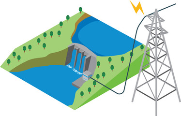 水力発電と送電のイメージ