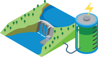 水力発電と蓄電池のイメージ