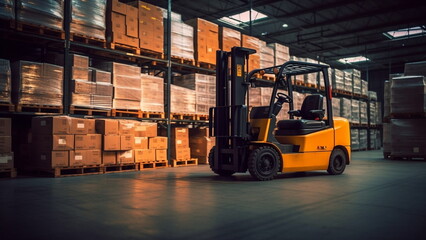 Forklift loads pallets and boxes in warehouse with Generative AI.
