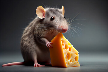 A photorealistic illustration of a rat with a piece of cheese, capturing the intricate details of the rat's fur and the texture of the cheese, generative ai