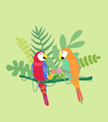 Macaw parrot and tropical plants illustration