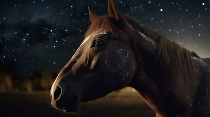 A horse standing in a field at night time and watching a beautiful galaxy. Generative AI