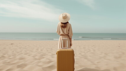 Fototapeta na wymiar Woman walking to sea and suitcase on beach with Generative AI.