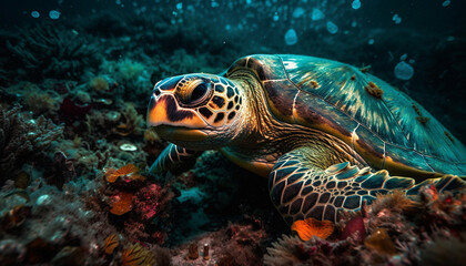 Fototapeta na wymiar Green sea turtle swimming in tropical reef generated by AI