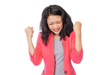  Photo of ecstatic asian woman shout loud yeah fist up raise win lottery isolated on free PNG...