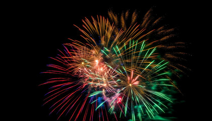 Bright colors illuminate traditional festival, exploding firework display generated by AI