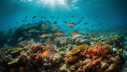 Naklejka na ściany i meble School of fish swim through vibrant coral reef generated by AI