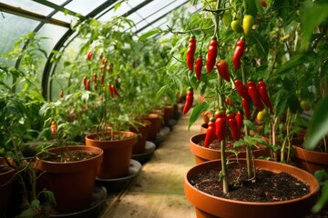 Fototapeta na wymiar Hot and Spicy: Vibrant Chillies Growing in a Greenhouse