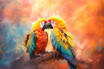 Fototapeta premium two parrots on a branch, ai generative