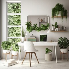 Refreshing Interior White Desk with Plants. AI