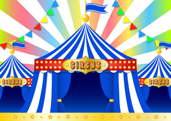 青いサーカスのテントとカラフルなガーランドが飾られた、虹色の集中線がにぎやかな背景イラスト