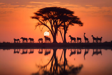 Sunset in Africa, wildlife, elephants, wild animals and birds with big baobab tree, giraffes, lake shadows of animals, untouched nature