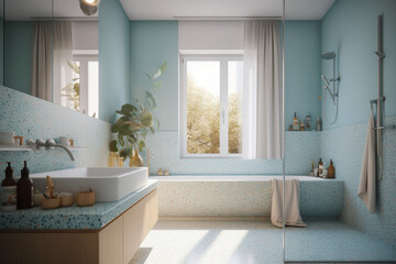 Fototapeta premium Modern cozy bathroom, classic clean interior design with blue, white and beige colors. Super photo realistic background, generative ai illustration