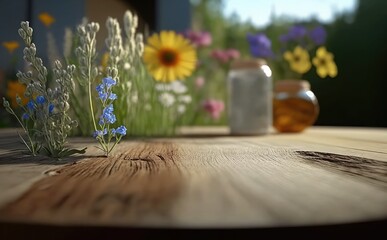 Naklejka na ściany i meble Wooden tabletop with blurred natural, flower background, Empty wooden tabletop with background