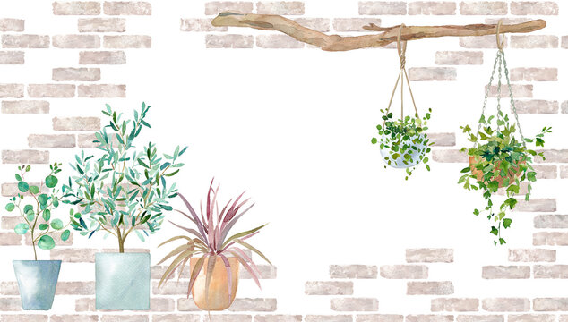 レンガ壁を背景に鉢植え植物とハンギングプランツを配置した、ナチュラルなフレームデザイン。水彩イラスト。
