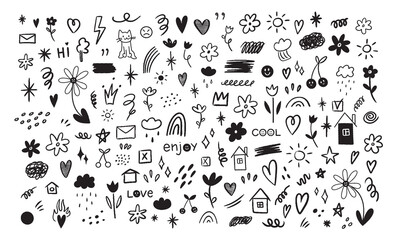 Hand drawn set of simple decorative elements. Various icons such as hearts, stars, speech bubbles, arrows, lines isolated on white background.