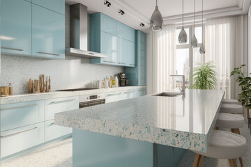 Modern cozy kitchen, classic clean interior design with blue, white and beige colors. Super photo realistic background, generative ai illustration