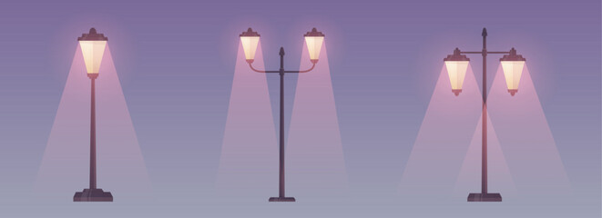 Fototapeta na wymiar Night view of cartoon city street light collection vector illustration isolated on white