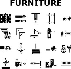 hardware furniture equipment icons set vector. metal construction, steel element, silver tool, screw bolt, wood home, house repair hardware furniture equipment glyph pictogram Illustrations
