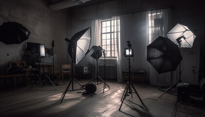 Fototapeta na wymiar Professional photographer illuminates empty stage with spotlight generated by AI