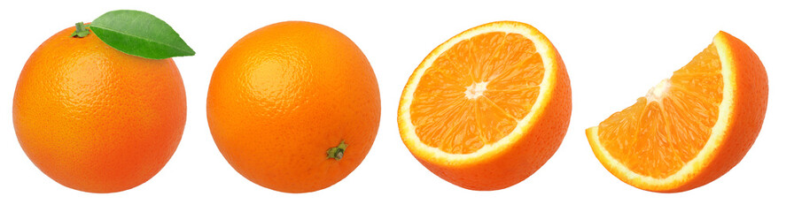 orange fruit with leaves, half and slice isolated, Orange fruit macro studio photo, transparent png, PNG format, cut out