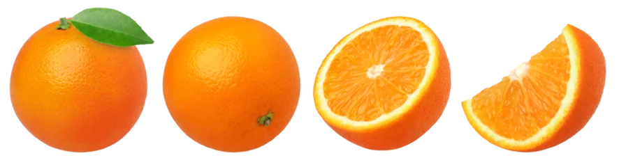 Poster orange fruit with leaves, half and slice isolated, Orange fruit macro studio photo, transparent png, PNG format, cut out © natthapol