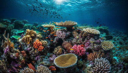 Naklejka na ściany i meble Colorful reef fish swim in tropical waters generated by AI