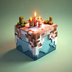 virtual block video game theme birthday cake with 3 candles copy space web banner ratio generative ai