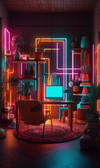 Close-up room interior with dreamy neon lights