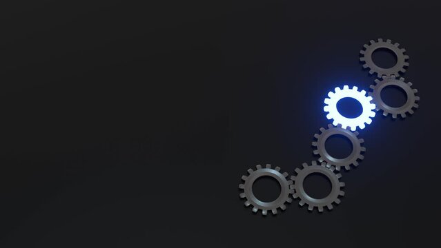 sechs sich ineinandergreifende drehende Zahnr&auml;der, besonders, leuchten, Verzahnung, Teamarbeit, Mechanismus, Fortschritt, Entwicklung, 3D, Arbeit, Motorik, schwarz, dunkel, grau, silber, blau