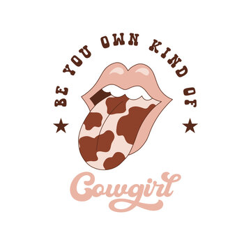 Cowgirl lips and cow printed tongue out vector illustration. Wild West groovy aesthetic print design.