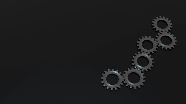 sechs sich ineinandergreifende drehende graue Zahnr&auml;der, Verzahnung, Teamarbeit, Mechanismus, Fortschritt, Entwicklung, 3D, Arbeit, Motorik, drehen, Drehung, schwarz, dunkel, grau, silber