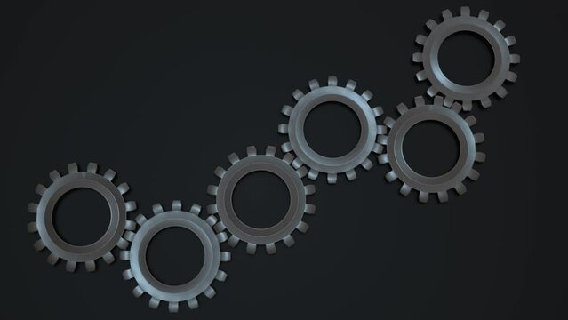 sechs sich ineinandergreifende drehende graue Zahnr&auml;der, Verzahnung, Teamarbeit, Mechanismus, Fortschritt, Entwicklung, 3D, Arbeit, Motorik, drehen, Drehung, schwarz, dunkel, grau, silber