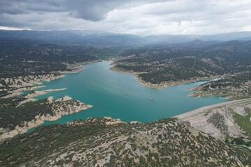 Fototapeta na wymiar Aerial photo of drone view of Antalya Korkuteli dam lake 2023