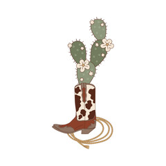 Cowboy boot with cactus and rodeo rope lasso vector illustration. Wild West aesthetic clipart design.