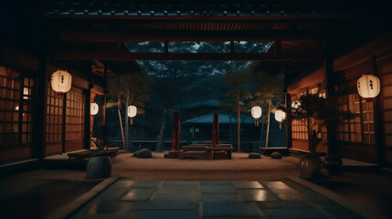 Inside the lobby of a Japanese-style building, the atmosphere of lanterns is arranged
