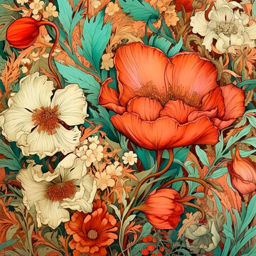 Bohemian floral background, vintage painting of a bouquet of flowers and leaves, botanical background, realistic flowers