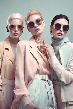 Beautiful american white female models posing in business pastel pink and blue suits with glasses. Generated AI.