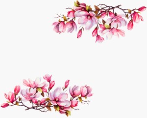 Obraz na płótnie Canvas Watercolor painting of pink magnolia flowers on white background. AI Generative.