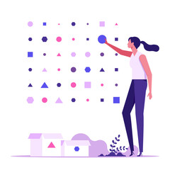 Woman sorting geometric figures. Concept of unstructured data processing, organization of digital information, database structure, cluster analysis
