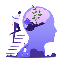 Personal growth. Self-improvement and self development concept. Man watering that growing plant from the brain as metaphor growth personality