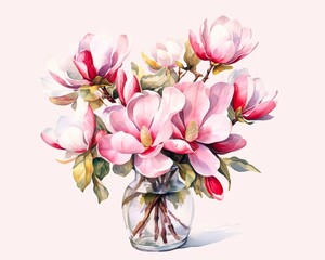 Watercolor painting of pink magnolia flowers in glass vase on pink pastel color background. AI Generative.
