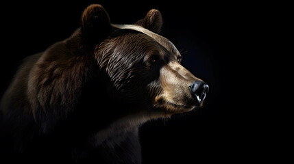 Fototapeta premium Close up of Brown bear in the dark black background with low light and high contrast. Created with generative AI technology