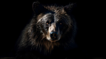 Close up of Brown bear in the dark black background with low light and high contrast. Created with generative AI technology