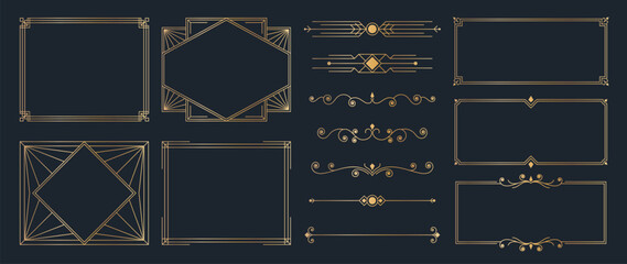 Collection of geometric art deco ornament. Luxury golden decorative elements with different lines, frames, headers, dividers and borders. Set of elegant design suitable for card, invitation, poster.